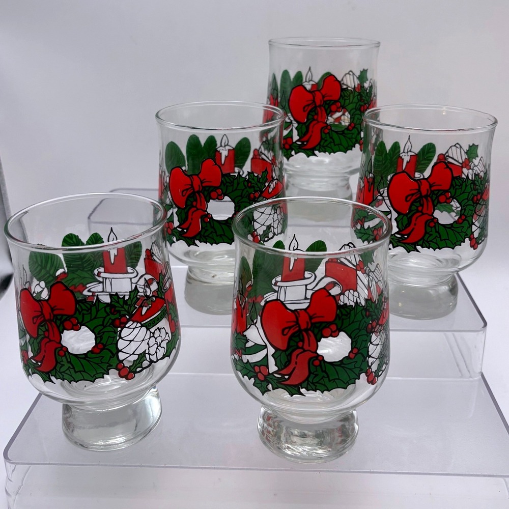 MCM Vtg Libbey Christmas Pedestal Glasses Set 5 Holly Wreath Bow Barware Holiday